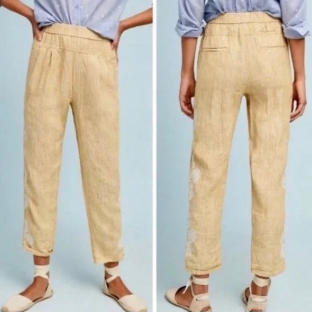 Anthropologie Yellow Striped Floral Embroidered Detailed Tapered Linen Pants M